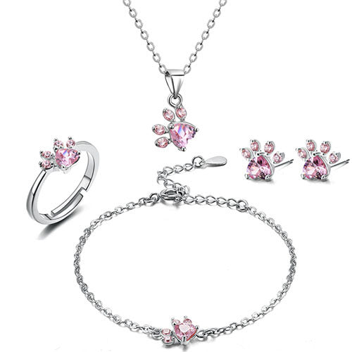 4-Piece Rose Gold Paw Jewelry Set with Zirconia Heart (Includes Ring, Necklace, Earrings, and Bracelet)