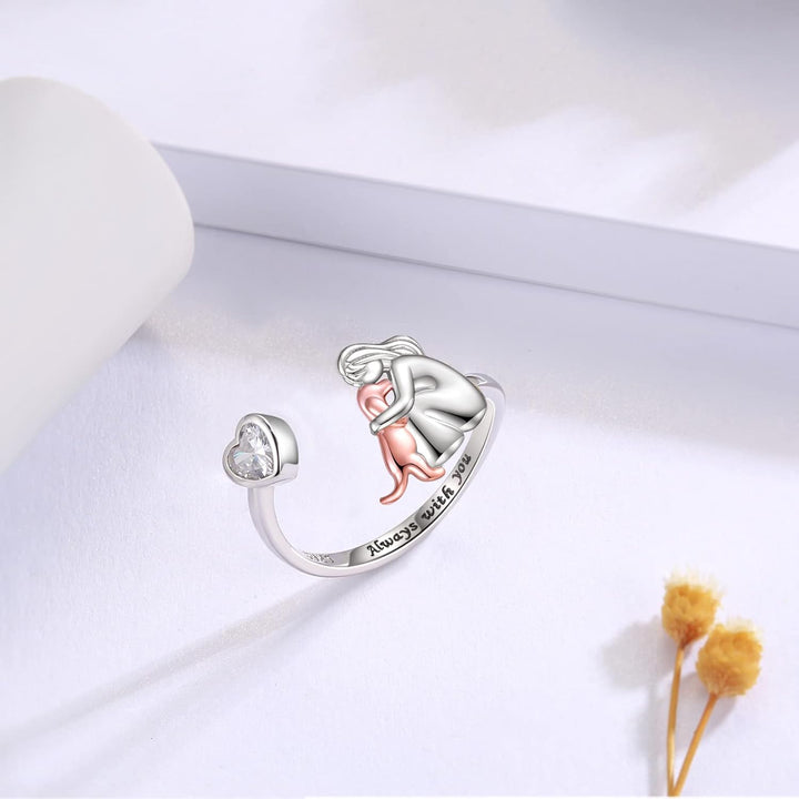 925 Sterling Silver Adjustable Dog Ring – 'Forever in My Heart' with Zirconia