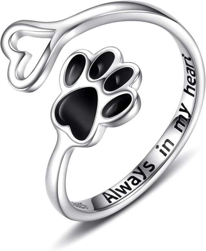 Adjustable 925 Sterling Silver Paw & Heart Ring – Handcrafted Design