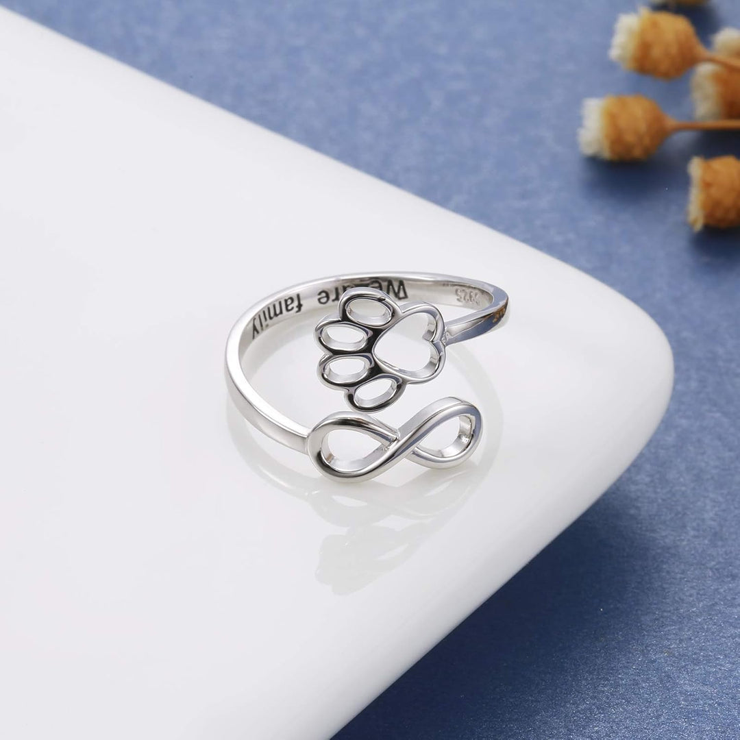 Adjustable 925 Sterling Silver Paw & Heart Ring – Handcrafted Design