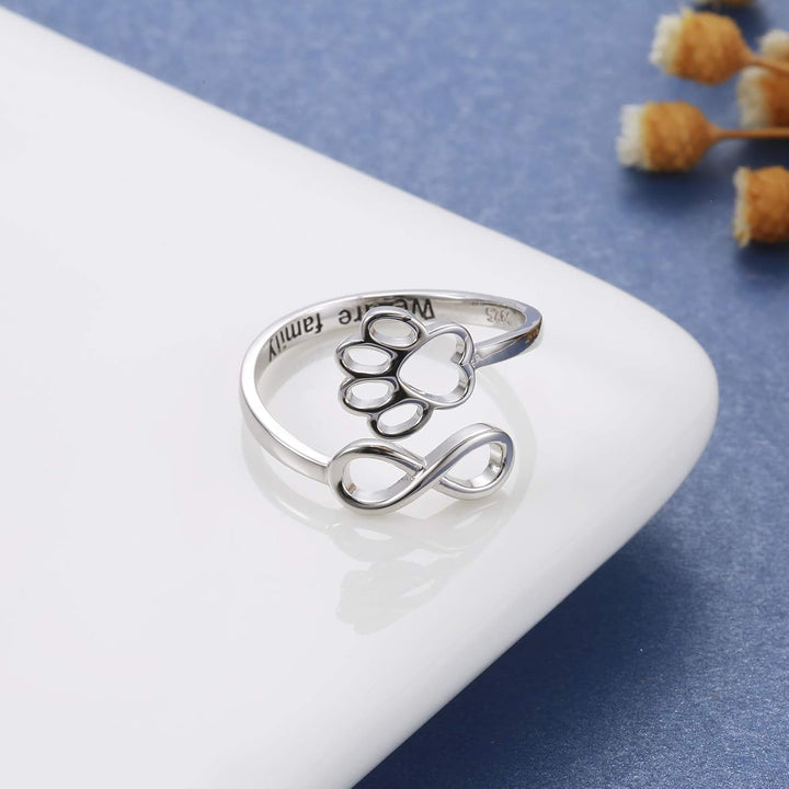 Adjustable 925 Sterling Silver Paw & Heart Ring – Handcrafted Design