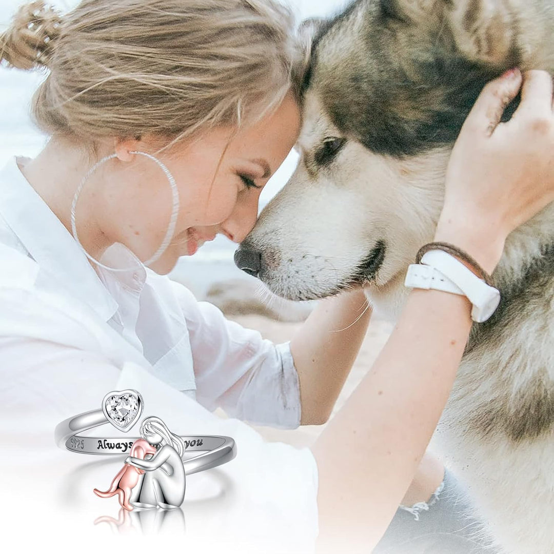 925 Sterling Silver Adjustable Dog Ring – 'Forever in My Heart' with Zirconia