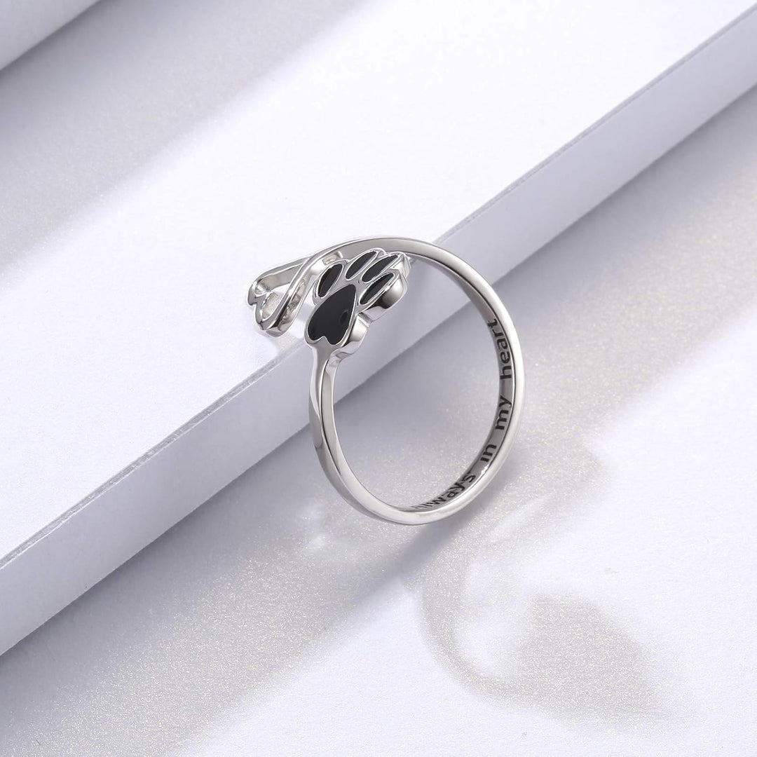 Adjustable 925 Sterling Silver Paw & Heart Ring – Handcrafted Design