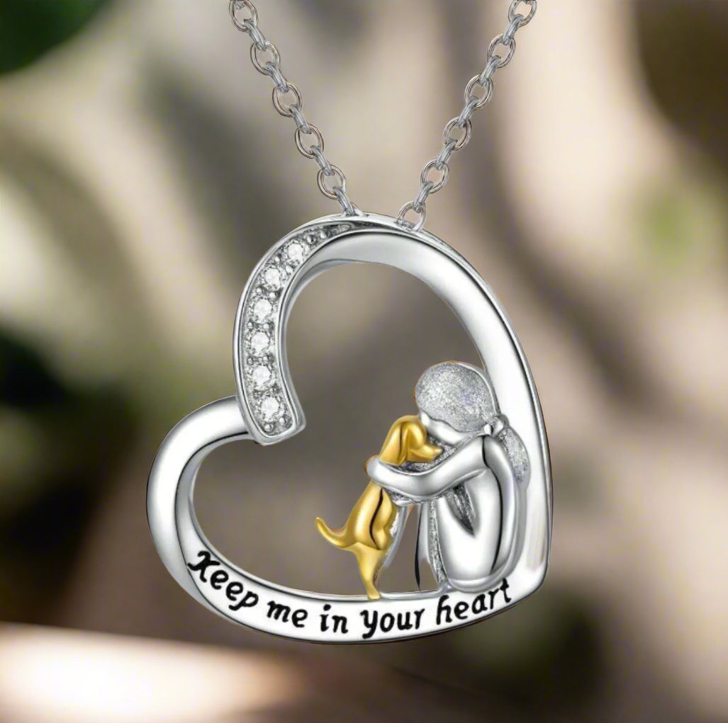 925 Sterling Silver Necklace – Heart and Dog Motif Adorned with Zirconia