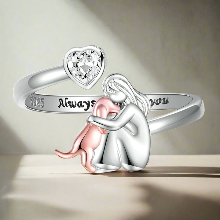 925 Sterling Silver Adjustable Dog Ring – 'Forever in My Heart' with Zirconia